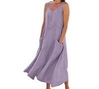 riou Vestido Largo Verano Mujer Lino Cuello V Vestido Informal Sin Mangas Vintage Vestidos Maxi con Bolsillos Rectos Sueltos Elegante Bohemio Vestidos de Playa Casual Vacaciones