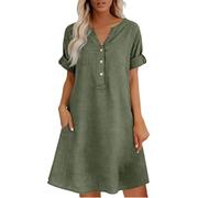 riou Vestido Mujer Manga Corta Casual Verano Frescos Algodón Y Lino hasta La Rodilla Vestidos Recto Vintage Camisa De Vestir Dresses for Women para Playa Vacaciones Y Uso Diario