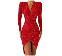 riou Vestidos De Fiesta Mujer Elegantes Rojo Ccuello en V Manga Larga Vestido de Trabajo Terciopelo Informal Bodycon Sexy Mini Vestido Fiesta Vestido Invierno de cóctel con Pliegues Nochevieja