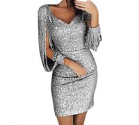 riou Vestidos De Fiesta Mujer Elegantes Rojo Lentejuelas Brillante Cuello En V Moda Sexy Vestidos De Fiesta Informal Sexy Mini Vestido Vintage con Pliegues Nochevieja Cena Empresa