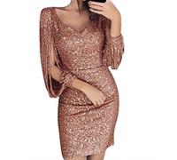 riou Vestidos De Fiesta Mujer Elegantes Rojo Lentejuelas Brillante Cuello En V Moda Sexy Vestidos De Fiesta Informal Sexy Mini Vestido Vintage con Pliegues Nochevieja Cena Empresa