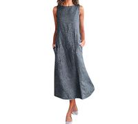 riou Vestidos Largos Casual Verano Moda Mujer Vestido Largo sin Mangas con Estampado de Rayas con Bolsillo de Lino SeñOras Tallas Grandes Vestidos De Playa
