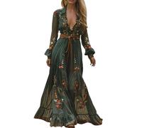 riou Vestidos Largos Mujer Boho Vintage Estilo Campestre Cuello en V Vestido de Playa Chic Manga Larga Estampada Vestidos Maxi Primavera Western Country Vestido Midi Elegante