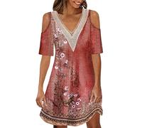 riou Vestidos Mujer Verano Casual Bohemio Camiseta Cuello V Vestido de Cuello de Encaje Estampado Mini Vestido sin Hombros Cómodo Vestidos de Playa Elegante Vestidos Corto Viaje