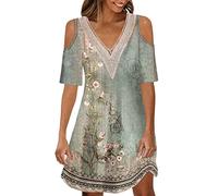 riou Vestidos Mujer Verano Casual Bohemio Camiseta Cuello V Vestido de Cuello de Encaje Estampado Mini Vestido sin Hombros Cómodo Vestidos de Playa Elegante Vestidos Corto Viaje
