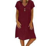 riou Vestidos Verano Mujer 2025 Algodón y Lino Manga Corta Vintage Camisa de Vestir Midi Vestido Botones Sueltos Bohemio Cuello V Elegantes Vestidos de Playa Casual Vacaciones Diario