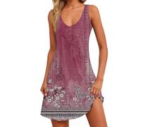 riou Vestidos Verano Mujer 2025 Playeros Originales Sin Mangas Vintage Camisa de Vestir Midi Vestido Sueltos Bohemio Cuello V Estampado de Flores Vestido Casual Vacaciones Elegante