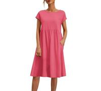 riou Vestidos Verano Mujer Algodón y Lino Manga Corta Vintage Camisa de Vestir Midi Vestido con Bolsillos Rectos Sueltos Elegante Bohemio Vestidos de Playa Casual Vacaciones Diario S-5XL