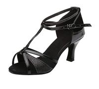 riou Zapatos de Baile Latino con pedrería para Mujer Negro Zapatos Hebilla Romanas Dance Square Shoes Calzado Cómodo y Antideslizante Sandalias con Punta Abierta Tallas Grandes