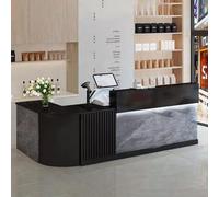 RiouPsithuric Escritorio de recepción para salón y oficina, elegante mostrador de recepcionista con cajones, escritorio frontal de madera diseñada para vestíbulo y tienda (gris + negro, 140 cm)