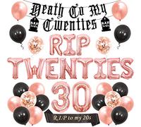 Rip Twenties 30th birthday party decorations for women, guirnalda de globos rosa y negro dorado, letrero Death to My 20s, faja Rip to My 20s, Funeral 30th birthday party decorations black pink