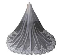 RIPASATEN Velo de Novia de Lujo, Largo de Catedral con Borde de Encaje y Apliques, Velo Boda Lentejuelas Color Blanco Marfil, Diseño Elegante Nivel Único, Novias en su Día