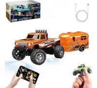 RipRush Mini Monster 1:64 Off-Road LED Alloy Racer, 2.4Ghz Remote Control Rechargeable Mini Monster Truck RC, Alloy RC Semi Truck with Trailer, Speed Adjustable (Orange,with Trailer)