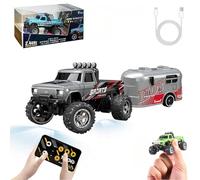 RipRush Mini Monster 1:64 Off-Road LED Alloy Racer, 2.4Ghz Remote Control Rechargeable Mini Monster Truck RC, Alloy RC Semi Truck with Trailer, Speed Adjustable (Gray,with Trailer)