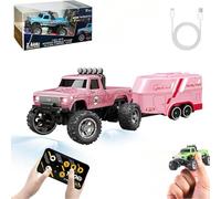 RipRush Mini Monster 1:64 Off-Road LED Alloy Racer, 2.4Ghz Remote Control Rechargeable Mini Monster Truck RC, Alloy RC Semi Truck with Trailer, Speed Adjustable (Pink,with Trailer)