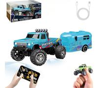 RipRush Mini Monster 1:64 Off-Road LED Alloy Racer, 2.4Ghz Remote Control Rechargeable Mini Monster Truck RC, Alloy RC Semi Truck with Trailer, Speed Adjustable (Blue-B,with Trailer)