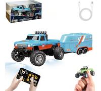 RipRush Mini Monster 1:64 Off-Road LED Alloy Racer, 2.4Ghz Remote Control Rechargeable Mini Monster Truck RC, Alloy RC Semi Truck with Trailer, Speed Adjustable (Blue-A,with Trailer)