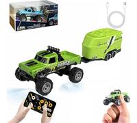 RipRush Mini Monster 1:64 Off-Road LED Alloy Racer, 2.4Ghz Remote Control Rechargeable Mini Monster Truck RC, Alloy RC Semi Truck with Trailer, Speed Adjustable (Green,with Trailer)