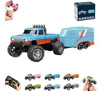 RipRush Mini Monster 1:64 Off-Road LED Alloy Racer,Monster Truck Remote Control Car with Lights,2.4GHz Remote Control,3 Speed Adjustable,USB Rechargeable Alloy RC Truck with Trailer (Blue Orange)