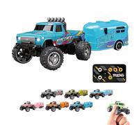 RipRush Mini Monster 1:64 Off-Road LED Alloy Racer, RipRush Compact Remote Control Truck with LED Lights, 2.4GHz Racing System, with Trailer, New Speed/Steering Adjustable (Blue)