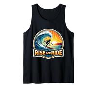 Rise and Ride Surfer Mañana Surfing Tabla de Surf Cita Vintage Camiseta sin Mangas