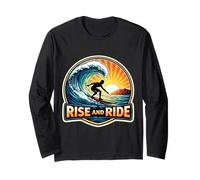 Rise and Ride Surfer Mañana Surfing Tabla de Surf Cita Vintage Manga Larga