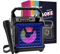 Risebass Máquina de karaoke portátil con micrófono con luces de fiesta para niños y adultos, juego de altavoces USB recargables con Bluetooth, radio FM, tarjeta SD/TF, entrada auxiliar, regalo de