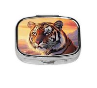 Rising Sun Tiger Pastillero cuadrado de metal, organizador de medicamentos de viaje, 2 compartimentos, portátil, pequeño estuche de almacenamiento