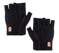 Risipu 2 pares de guantes cálidos sin dedos para invierno, gruesos, térmicos, de punto medio dedo, para trabajo, correr, ciclismo, conducción, pantalla táctil, guantes para hombres y mujeres (negro +