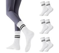 Risipu Calcetines de pilates con asas antideslizantes con volantes calcetines de yoga para mujeres calcetines de agarre para danza de ballet de barra, 3 Pares-Blanco, Talla única