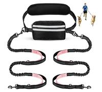 Risipu Correa de perro manos libres para 2 perros, cinturón ajustable con bolsa y soporte de cintura, costuras reflectantes elásticas absorbentes para correr, caminar, trotar (rosa)