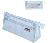 Risipu Estuche transparente para exámenes, estuche de malla transparente de doble capa, estuche de metal duradero con cremallera, diseño triangular, para escuela, oficina, viajes, azul celeste