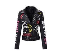 RISISSIDA Chaqueta de piel sintética para mujer, con remaches y tachuelas, ropa de moda para primavera, otoño, ropa de calle punk con cinturón, 80 Negro, M