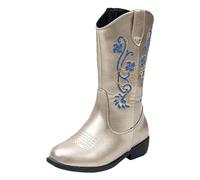 rismart Botas Cowboy Niña Media Caña Vaqueras Bordadas de Invierno, Flor Azul Dorada, 30