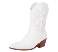 rismart Botas Vaqueras de Western Mujer Media pierna Bordado Zapatos Blanco,36