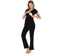 rismart Conjunto de Pijama de Maternidad Camisetas de Manga Corta y Pantalones Largos Premamá Lactancia Camison(Negro,L)
