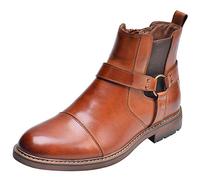 rismart Hombre Cuero Tobillo Botines Chelsea Dedo del pie Gorra Botín Cremallera(Bronceado,45 EU)