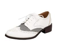 rismart Mujeres Clásico Cordones Puntas de Alas Tacón Grueso Contrastante Oxfords Zapatos de Vestir Blanco, 36.5 EU