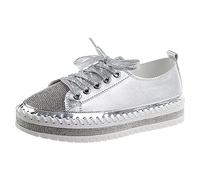 rismart Mujeres Moda Plataforma Rhinestone Low-Top Cordones Zapatillas Zapatos para Caminar Plateado, 41 EU