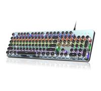 RisoPhy PC420 - Teclado mecánico para juegos estilo máquina de escribir, panel de metal, teclas redondas retro punk, interruptor azul clicky, retroiluminación LED arcoíris, teclado con cable de 104