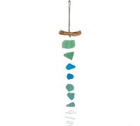 Risveglio Carillón de viento de cristal de mar hecho a mano, decoración bohemia de madera flotante para playa, jardín, patio, adorno colgante costero de 40 cm (C)
