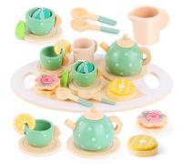 RISVOWO Juegos de Té Infantiles, pequeños Pretend Play Afternoon Tea Party Set, Madera Accesorios de Cocina Juguetes Incluye Postre y Galletas, Juego de rol de Comida Juguete para Cocinita