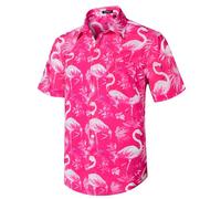 Rithern Camisa Hawaiana Hombre Manga Corta Flamenco Camisas Verano Casual Playa Camiseta Button Down Rosa Caliente 2XL