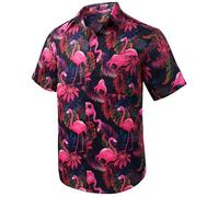 Rithern Camisa Hawaiana para Hombre Manga Corta Verano Flamenco Camisas Casual Playa Camiseta Button Down Rosa & Negro 2XL