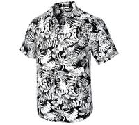 Rithern Camisas Hawaiana Hombre Manga Corta Verano Palma Hoja Camisa Button Down Camisetas para Vacaciones Festival Blanco & Negro 2XL