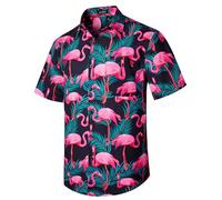 Rithern Camisas Hombre Flamenco Manga Corta Hawaiana Verano Camisa Casual Playa Camiseta Button Down Rosa & Negro 2XL