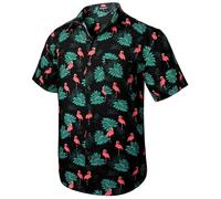 Rithern Hawaiana Camisas Hombre Manga Corta Funky Camisa de Flamenco Verano Aloha Camisetas Casual Button Down Verde & Negro 2XL