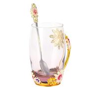 RiToEasysports Innovadora Taza de té de Flores de Vidrio Hecha a Mano con Cuchara para Regalo de Oficina en Casa Bebidas Calientes No Tóxicas sin BPA (Marrón estilo crisantemo 350ML)