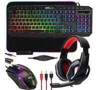 Ritz Gear Kit de accesorios para juegos RGB | Paquete de retroiluminación LED arcoíris 4 en 1 para PC con teclado multimedia, ratón óptico, alfombrilla de ratón y auriculares con adaptador | para