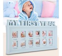 Riuulity Marco de Fotos para bebé de Mi Primer Año, Pantalla de Plástico No Tóxico, Registro de Memoria de 12 Meses, Azul Claro 7,9x16 Pulgadas, Recuerdo para la Habitación del bebé